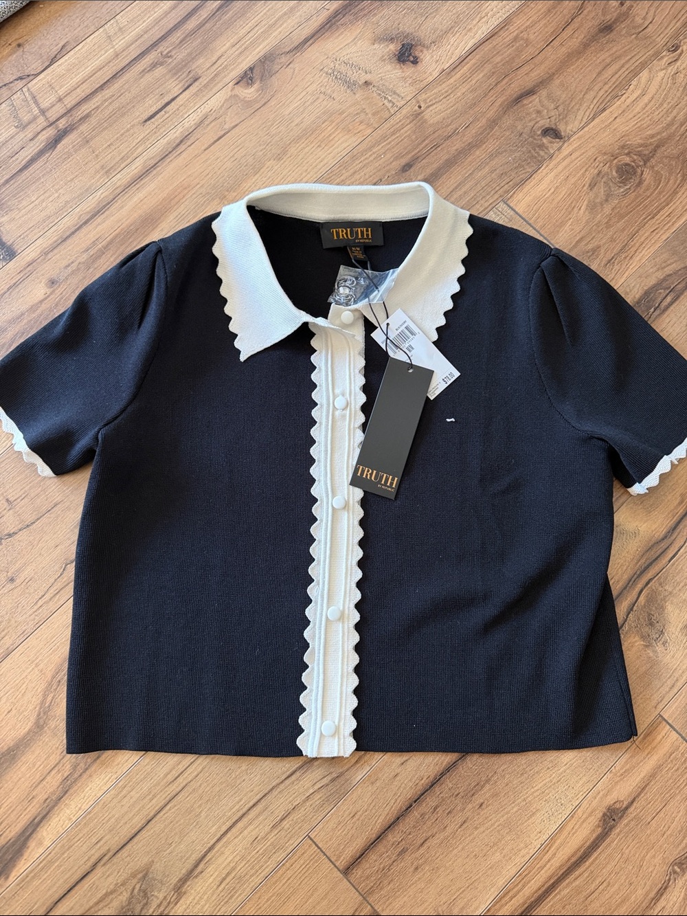 Truth Black Knit Top with ivory Scalloped Trim